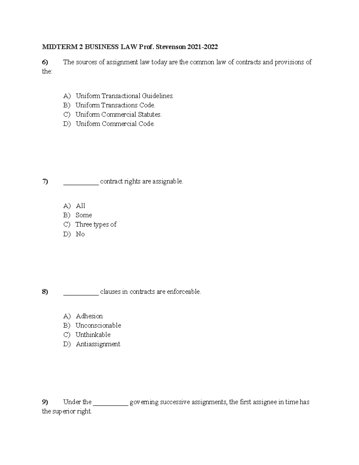Midterm 2 - MIDTERM 2 BUSINESS LAW Prof. Stevenson 2021- The sources of ...