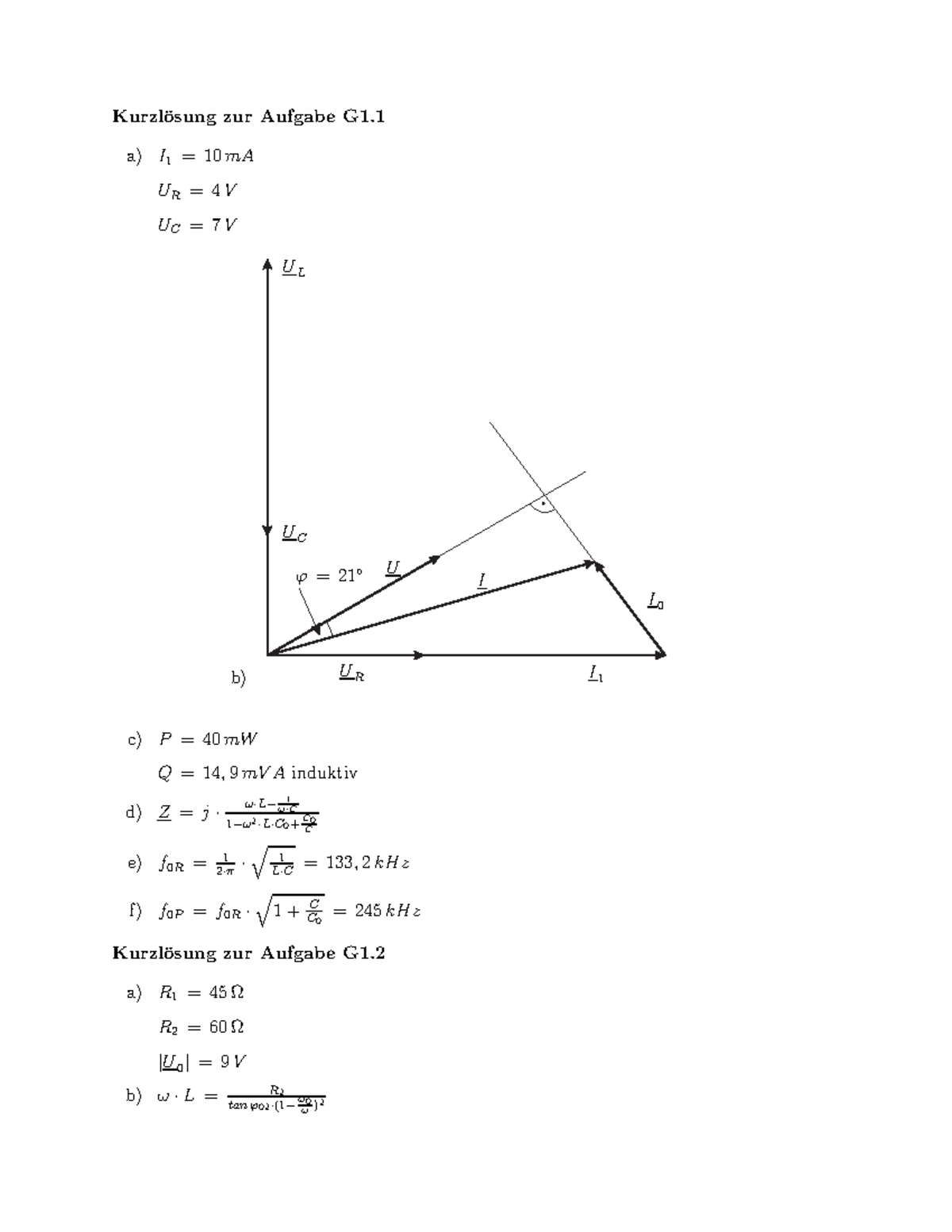 Loesung 2grundkagen Der Es Kurzl Osung Zur Aufgabe G1 I1 10 Ma Ur Uc Ul Uc 21 Ur Studocu