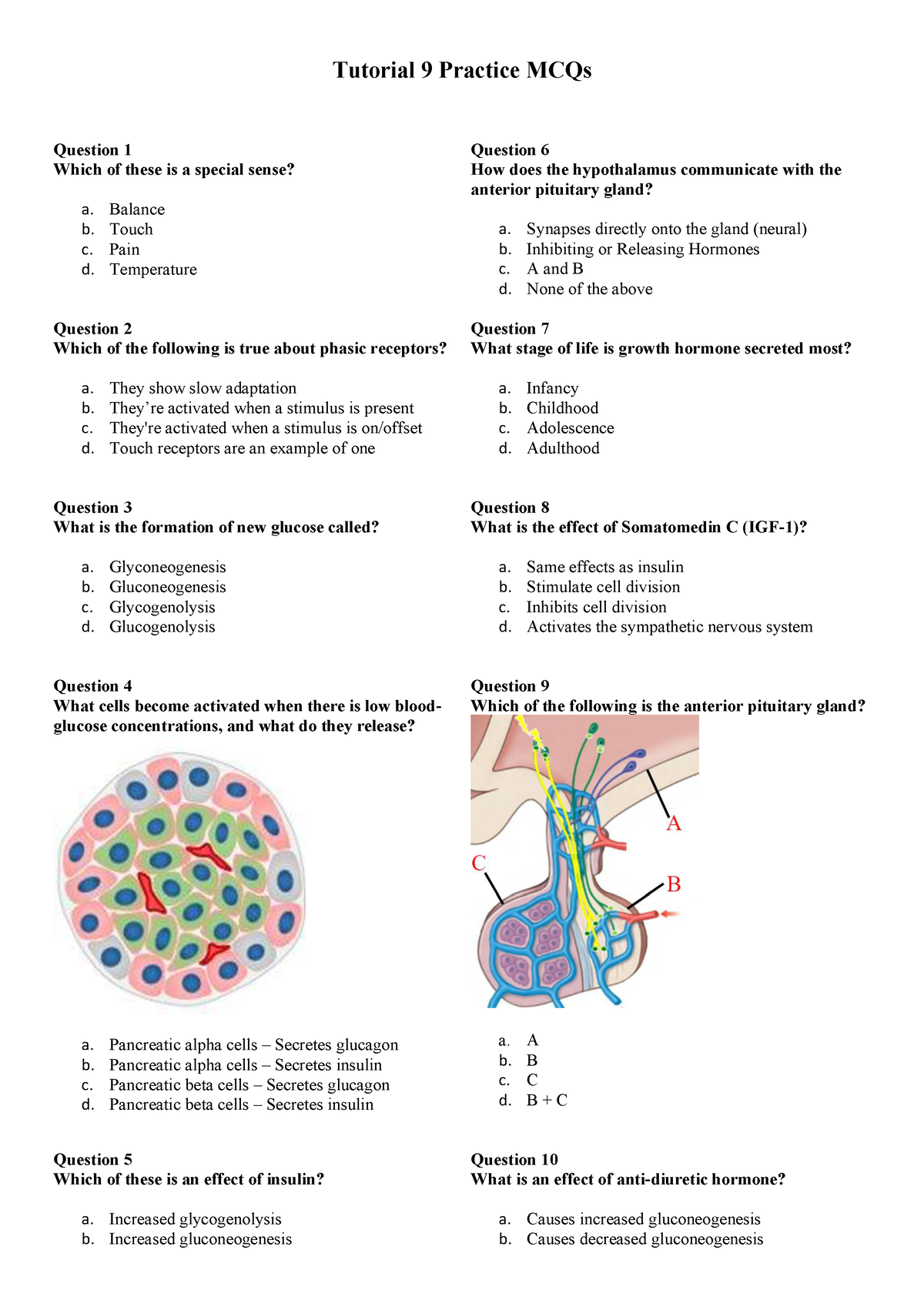 HUBS191 Tut 9 MCQs - Mcqs Endocrine - Tutorial 9 Practice MCQs Question ...