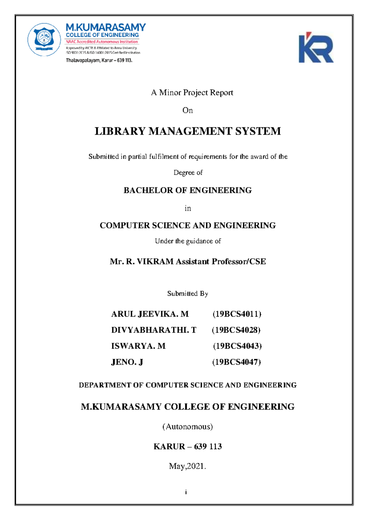 (A)Batch 12-Library Management System - i A Minor Project Report On ...