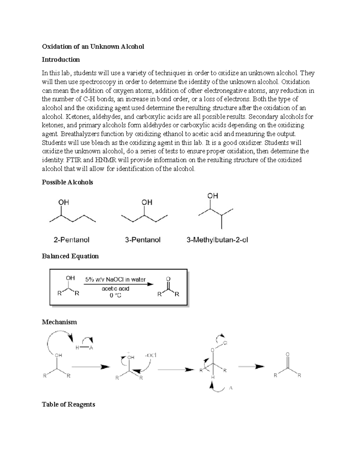 Oxidation of an Unknown Alcohol Oxidation of an Unknown Alcohol