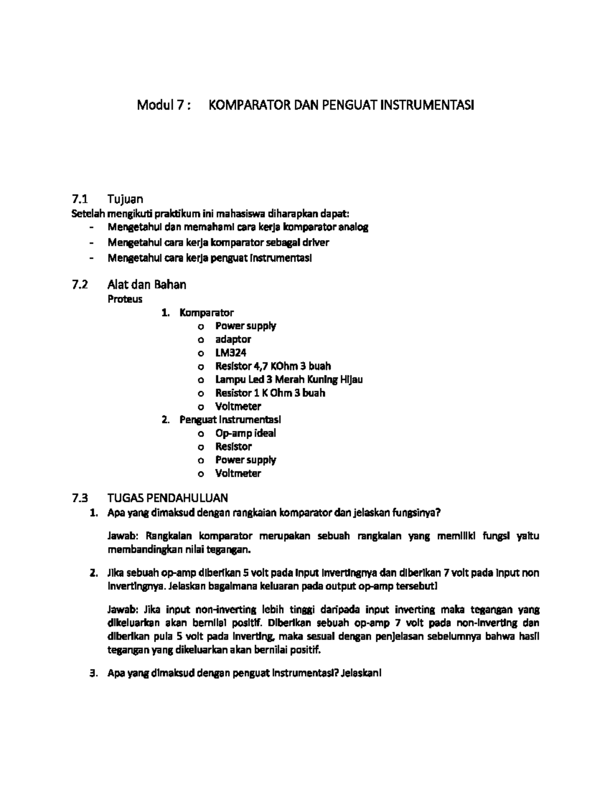 Modul 7 Komparator Penguat Instrumentasi Mikroelektronika Studocu