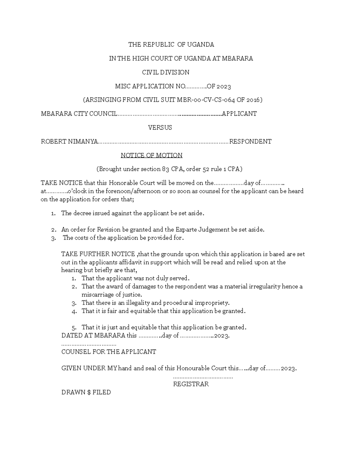 Application FOR Revision LECTURE NOTES THE REPUBLIC OF UGANDA IN THE