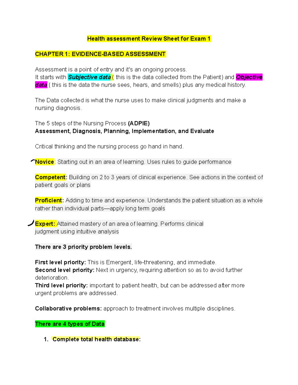 Health assessment Review Sheet for Exam 2 - It starts with Subjective ...