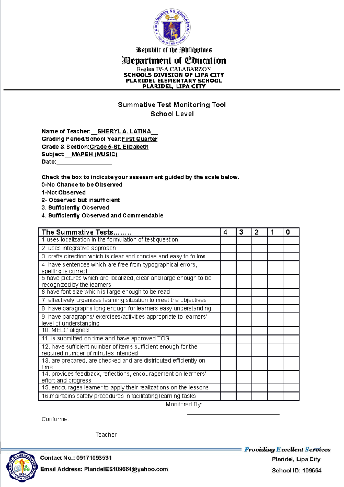 Tools - none - Summative Test Monitoring Tool School Level Name of ...