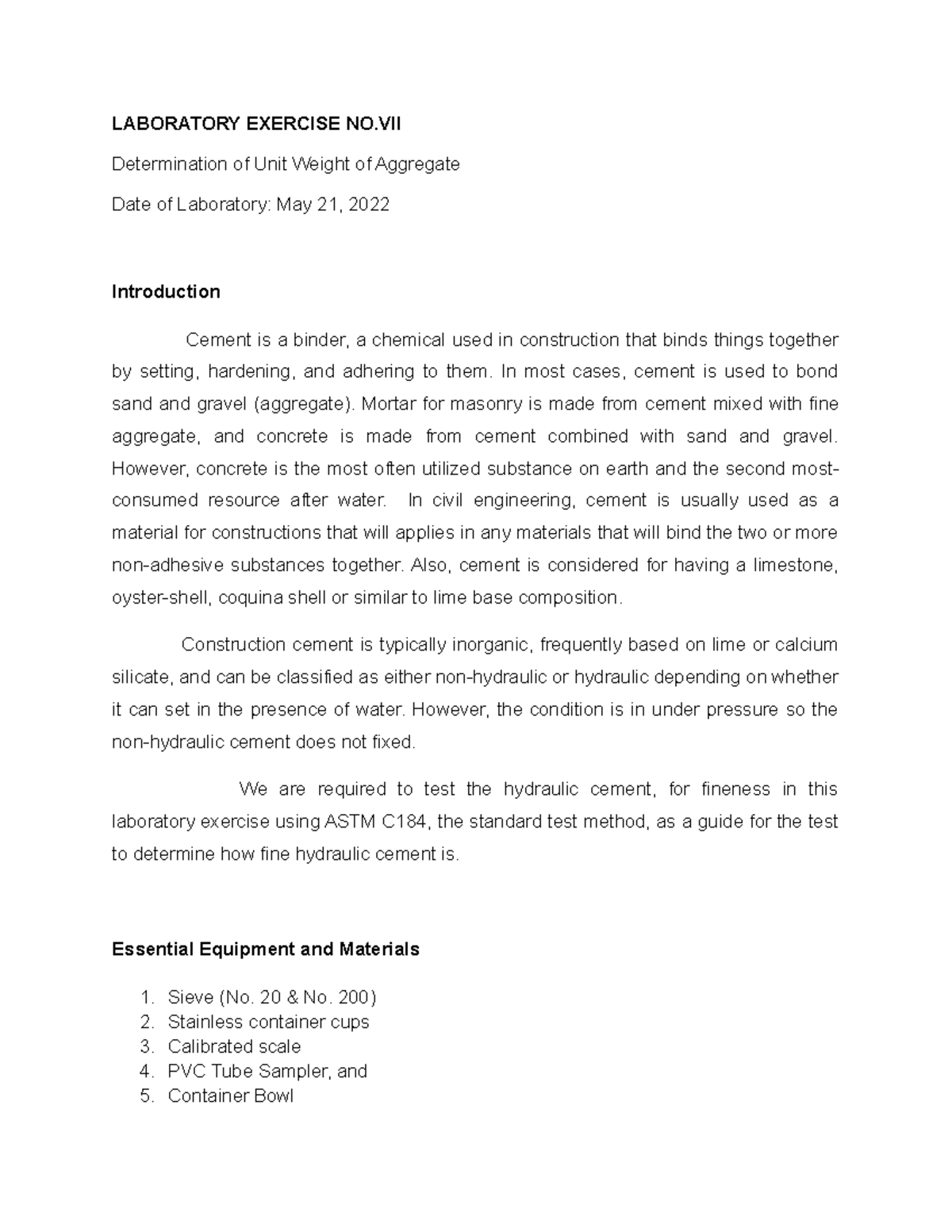 Laboratory Exercise NO . 7 - LABORATORY EXERCISE NO Determination of ...