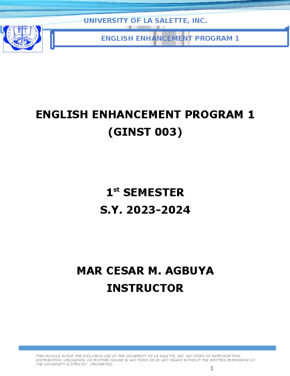 Lecture-1 - Student - ENGLISH ENHANCEMENT PROGRAM 1 (GINST 003) 1 st ...