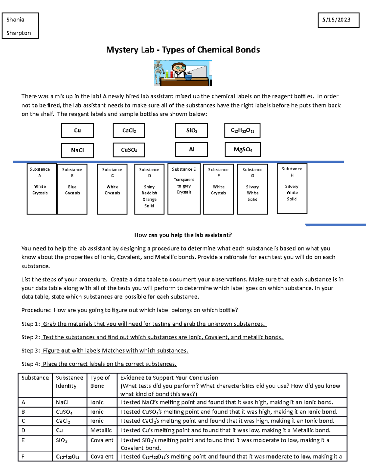 Types of Chemical Bonds Mystery Lab Types of Chemical Bonds There