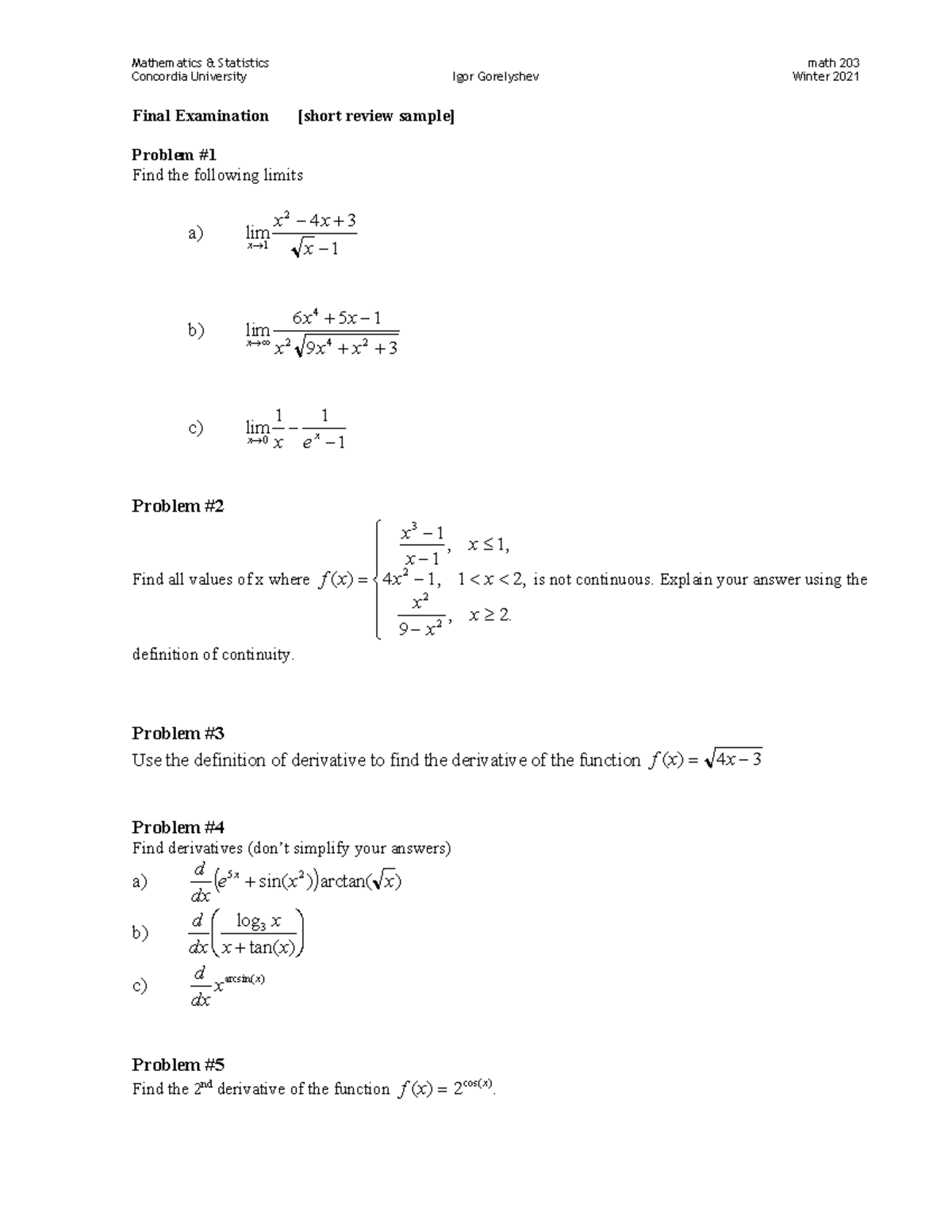 Final exam review sample - Mathematics & Statistics math 203 Concordia ...