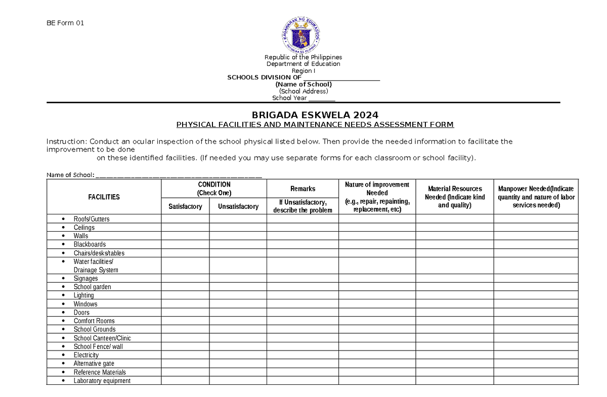 BE Form 1 - Physical Facilities AND Maintenance Needs Assessment FORM ...