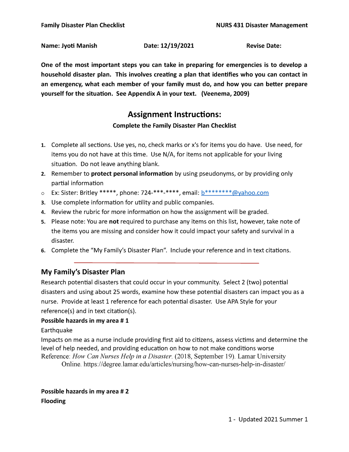 week 7 assignment family disaster plan checklist