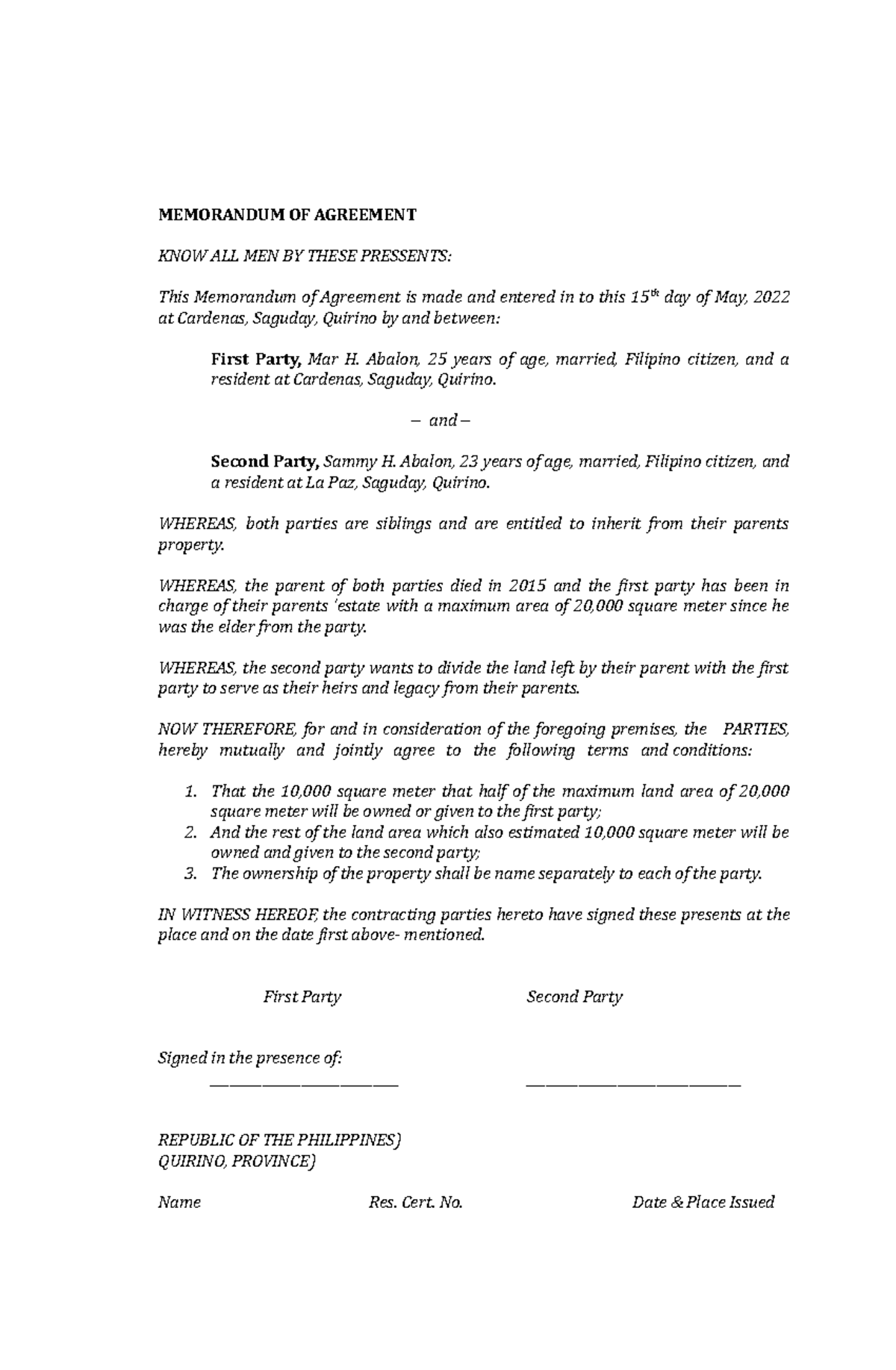 Memorandum OF Agreement - Abalon, 25 years of age, married, Filipino ...