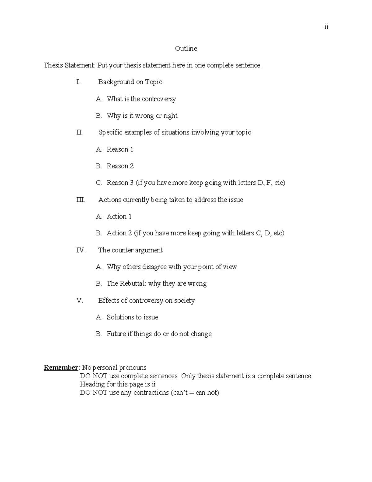 Research Paper Outline Format - ii Outline Thesis Statement: Put your ...
