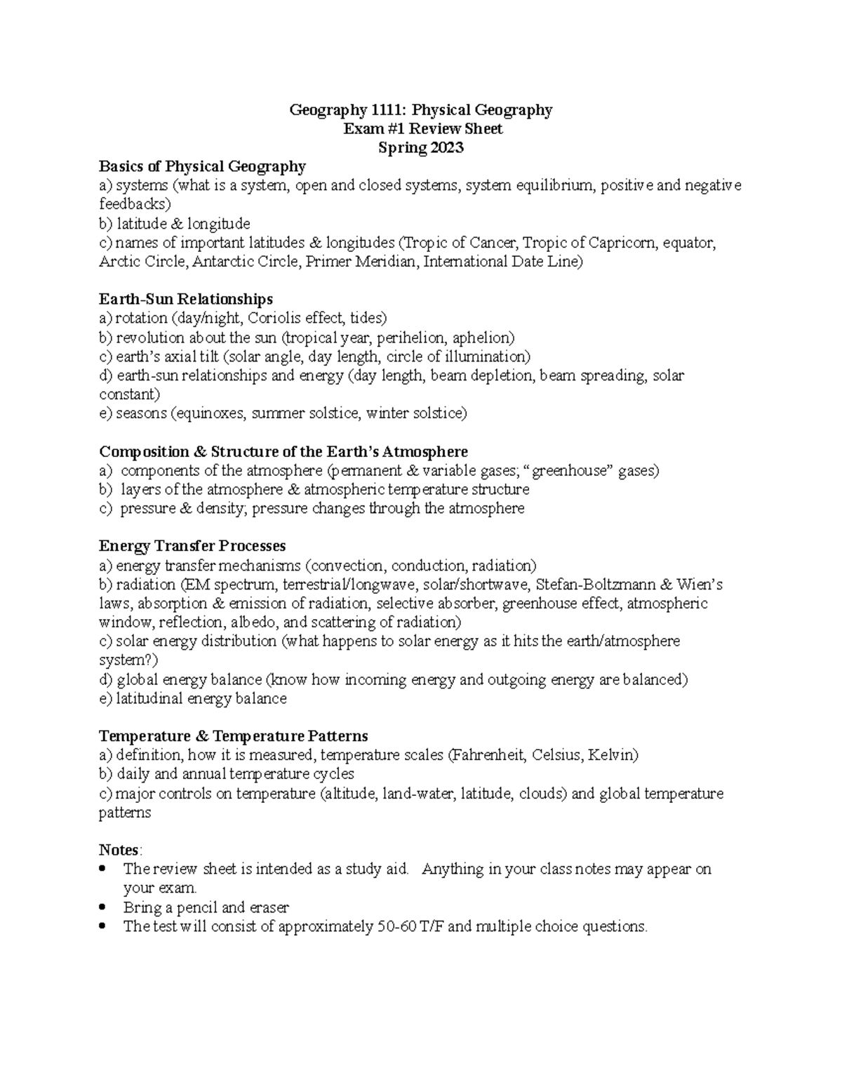 G1111rev1 23S Exam 1 rev Geography 1111 Physical Geography Exam 1