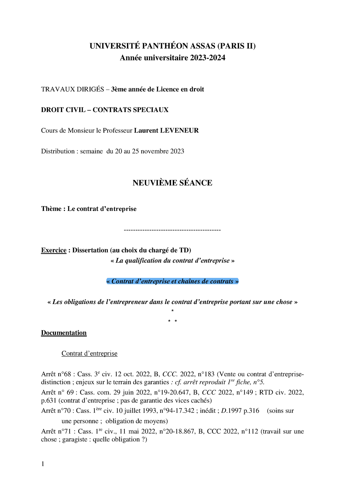 Leveneur - L3 - TD Contrats Sp Ã©ciaux 2023-2024 Fiche N9 - UNIVERSITÉ ...