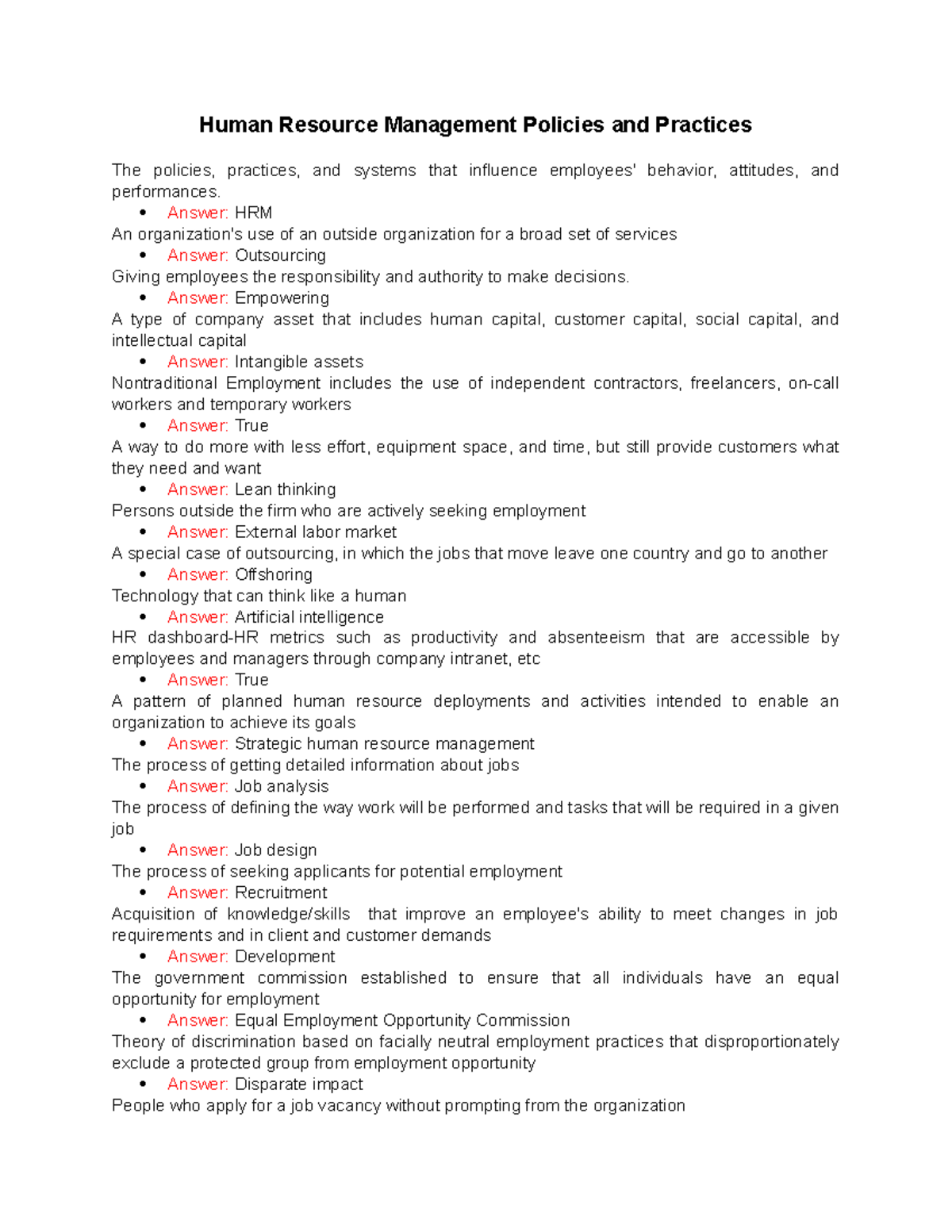 Human Resource Management Policies and Practices Answer HRM An