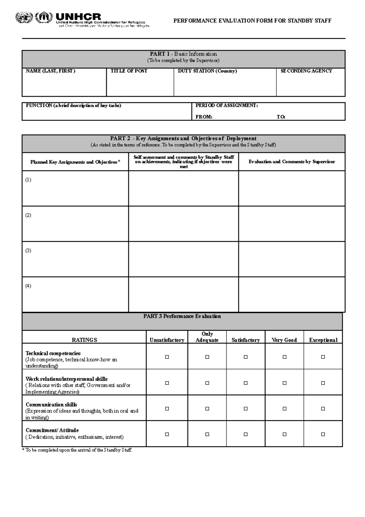 Unhcr Performance Evaluation - PERFORMANCE EVALUATION FORM FOR STANDBY ...