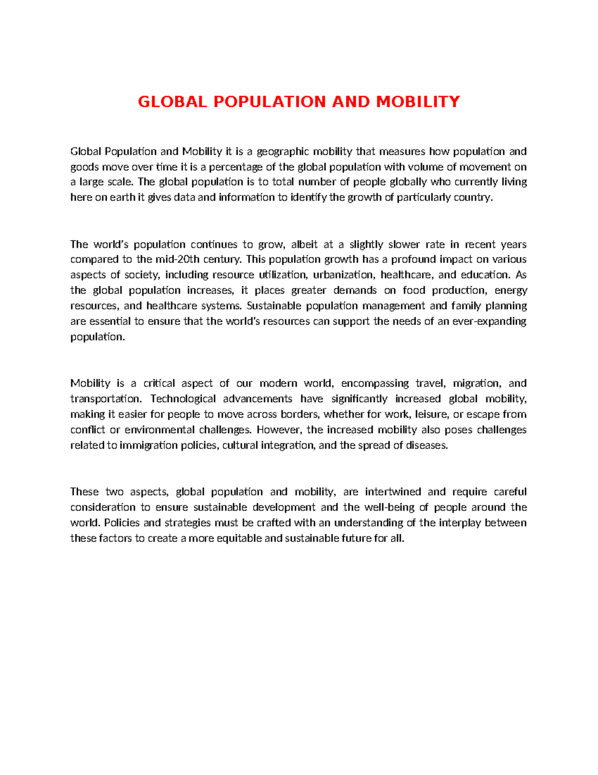 research paper about global population and mobility