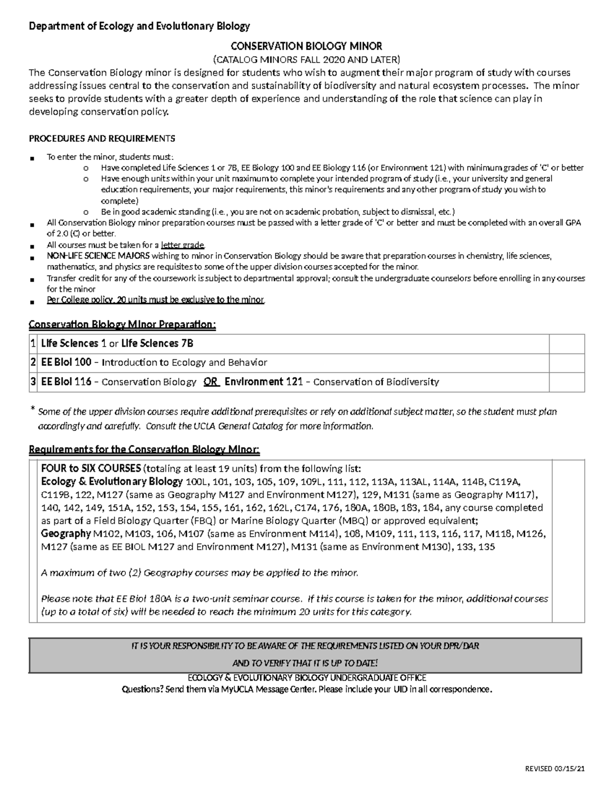 Conservation Minor Requirements Department Of Ecology And Evoluonary Biology Conservation