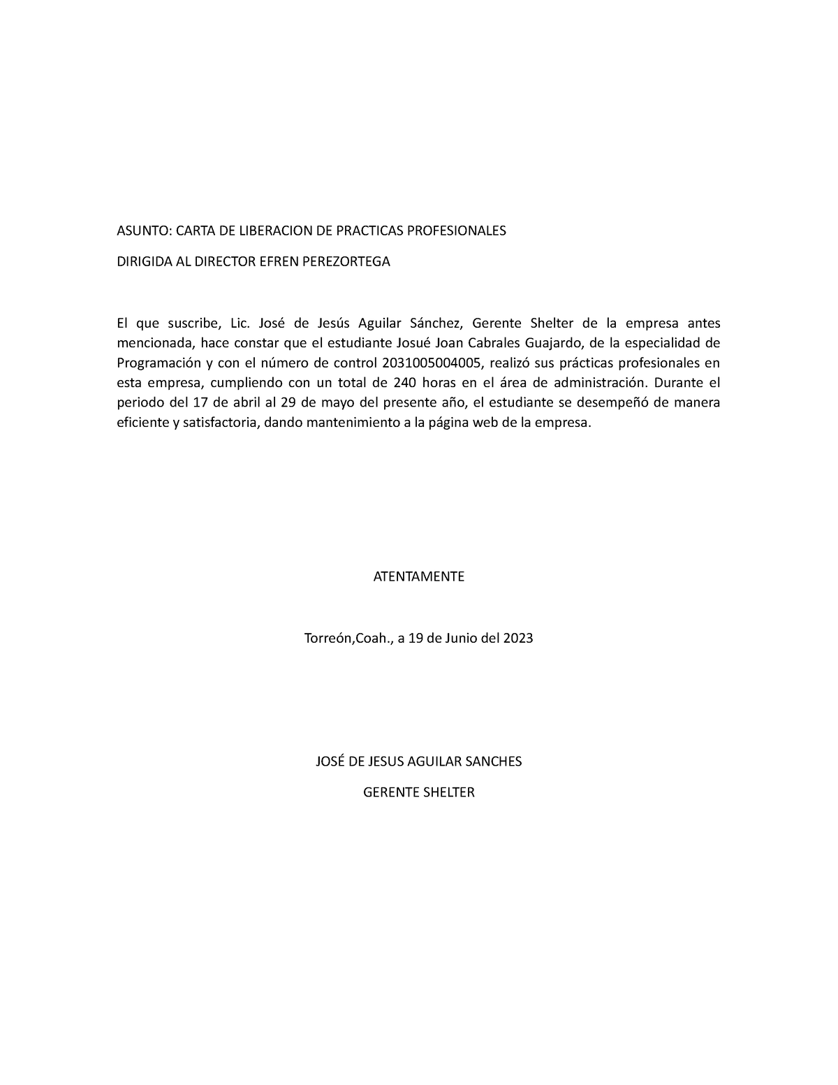 Liberacion De Practicas Asunto Carta De Liberacion De Practicas Profesionales Dirigida Al 3548