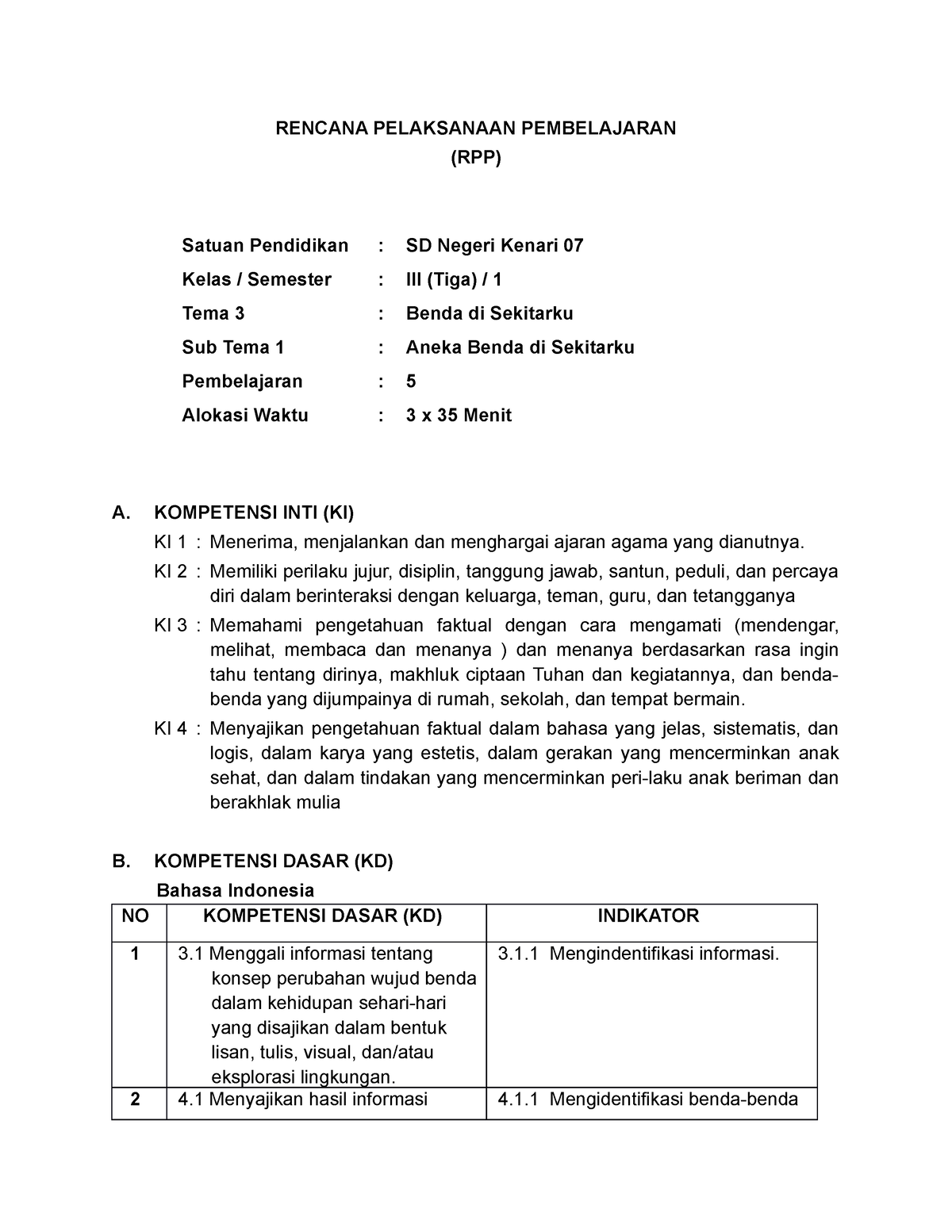 Rpp Kelas 3 Tema 3 Subtema 1 Pembelajaran 5 Rencana Pelaksanaan Pembelajaran Rpp Satuan 3220