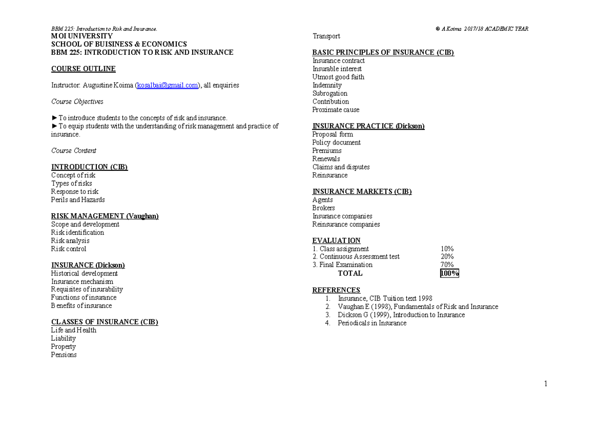 Insurance and risk management notes by Stephen Odhiambo - MOI ...