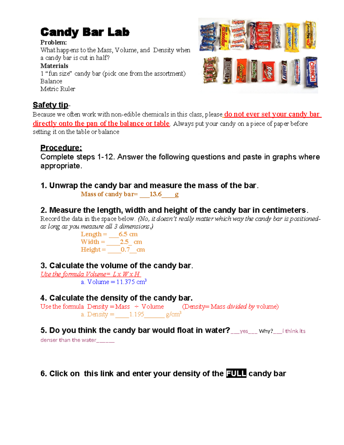 Copy of Candy Bar Density Lab Candy Bar Lab Problem What happens to