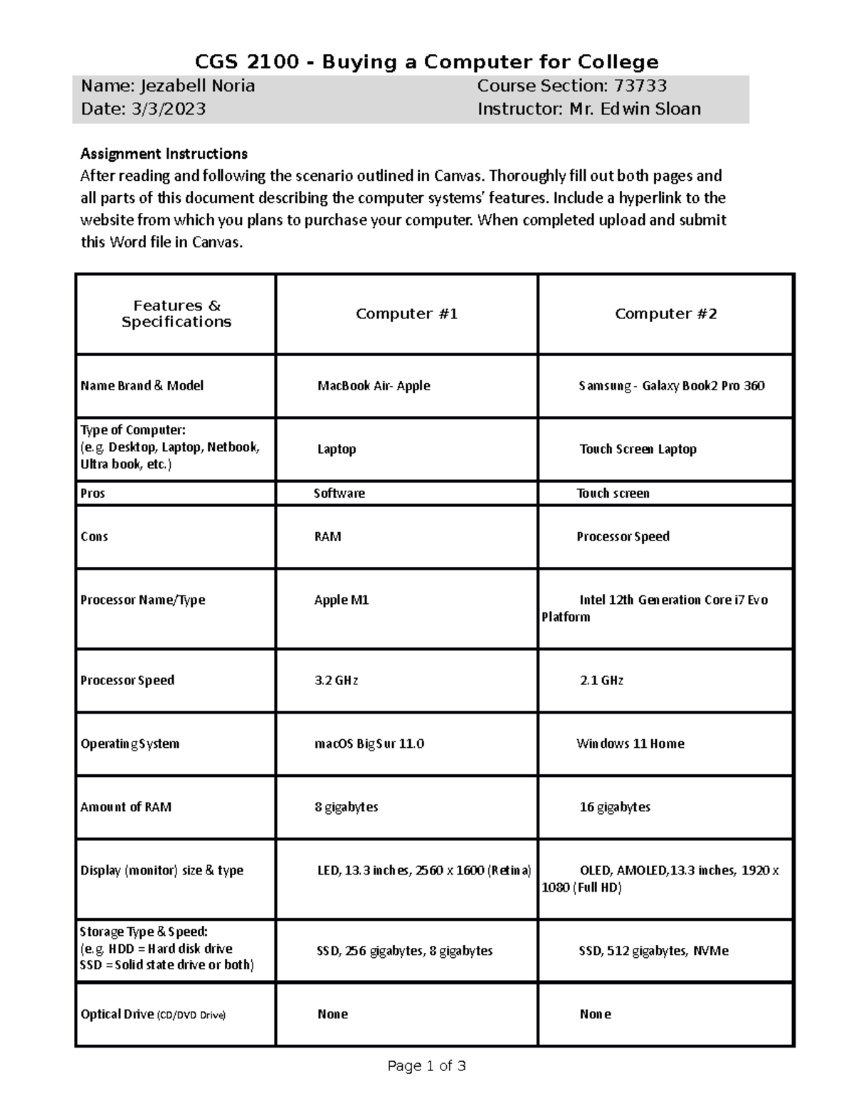 CGS 2100 Buying a Computer for College CGS 2100 Buying a Computer