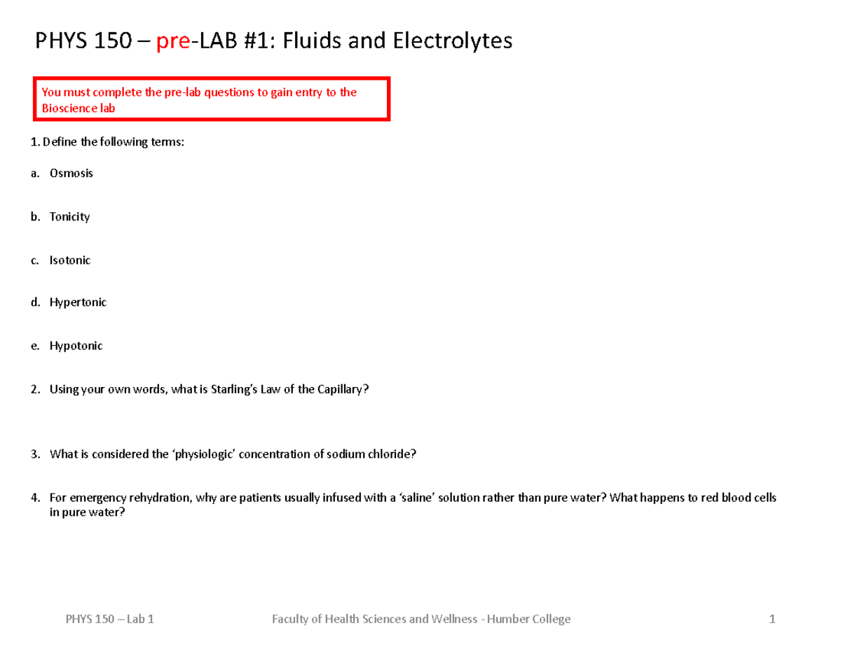 PHYS 150 - Lab 1 - Fluids And Electrolytes - Define The Following Terms ...