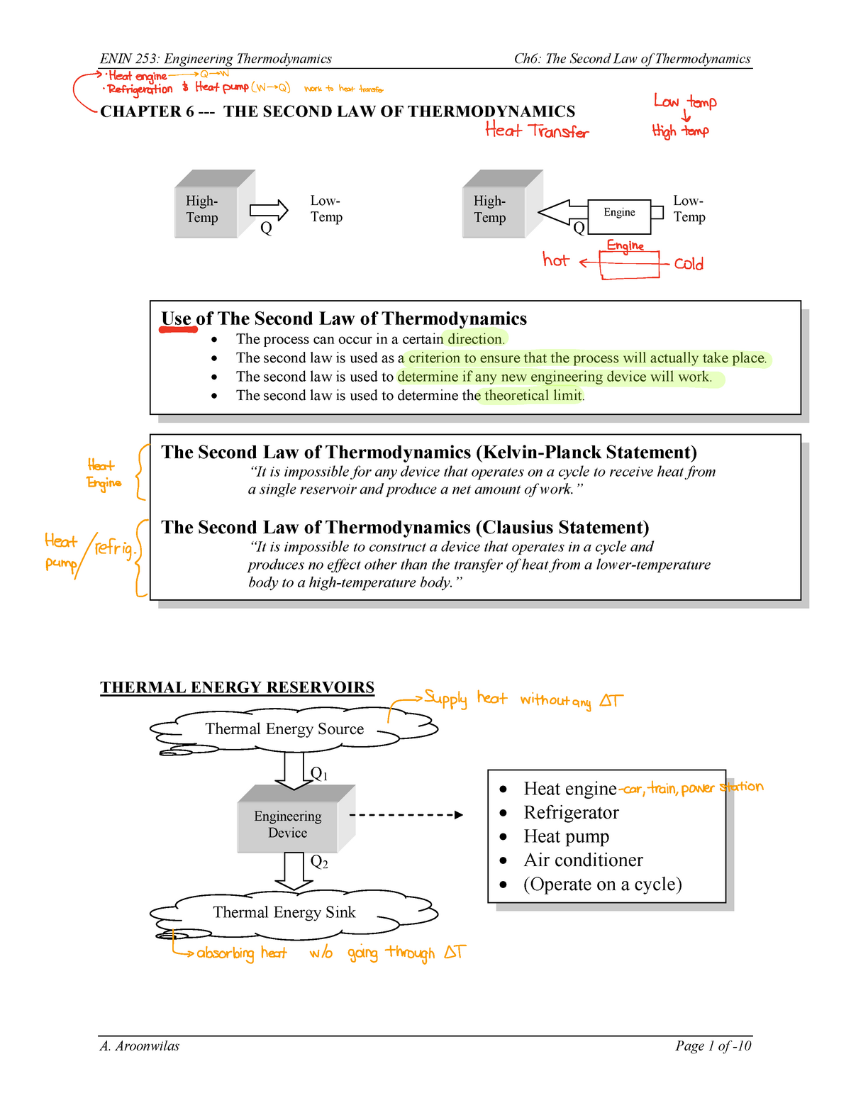 CH-6 Second Law (2016 ) - Lecture Notes 6 - ENIN 253: Engineering ...