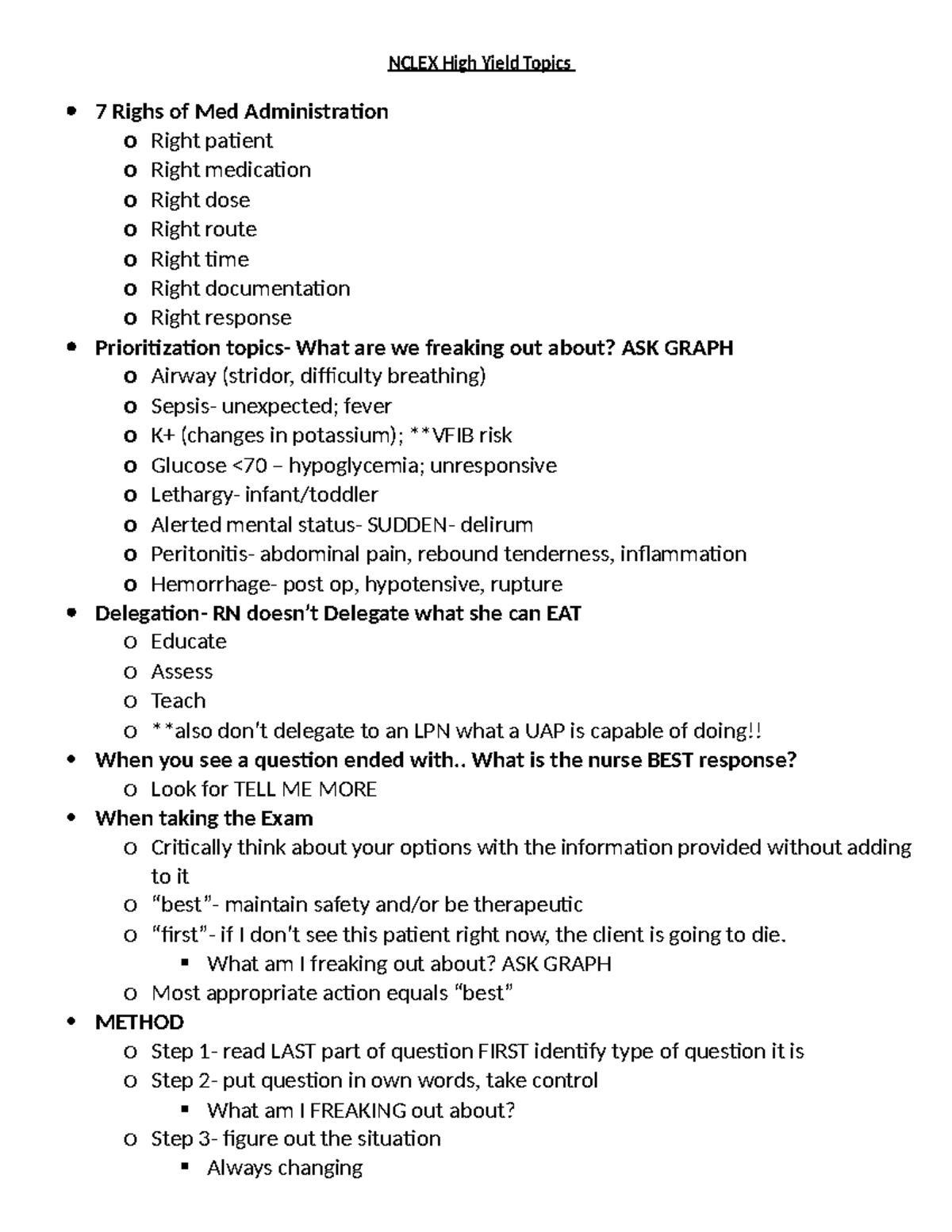 Nclex High Yield Topics NCLEX High Yield Topics 7 Righs of Med