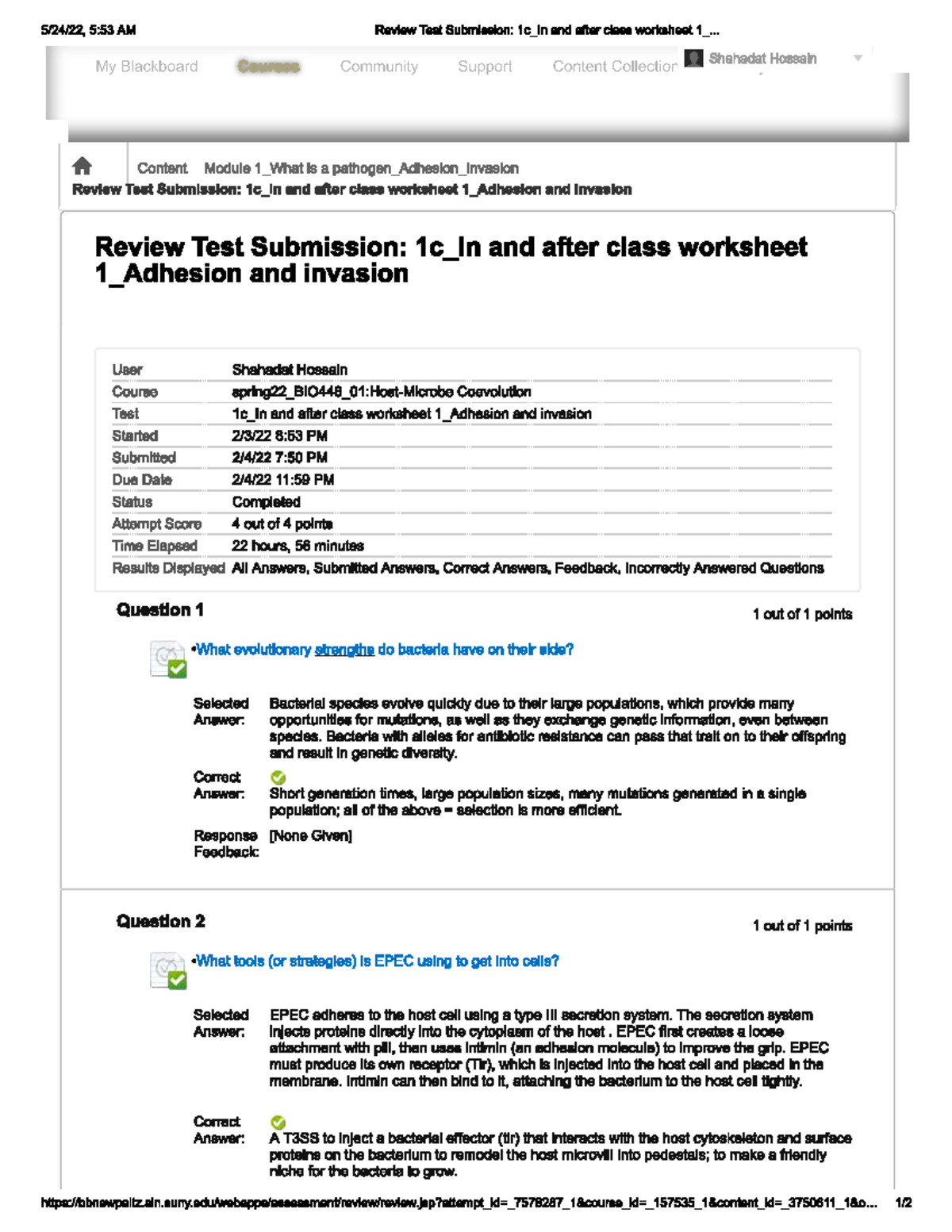 Host Microbe Coevolution 1c In and after class worksheet 1 Adhesion and ...