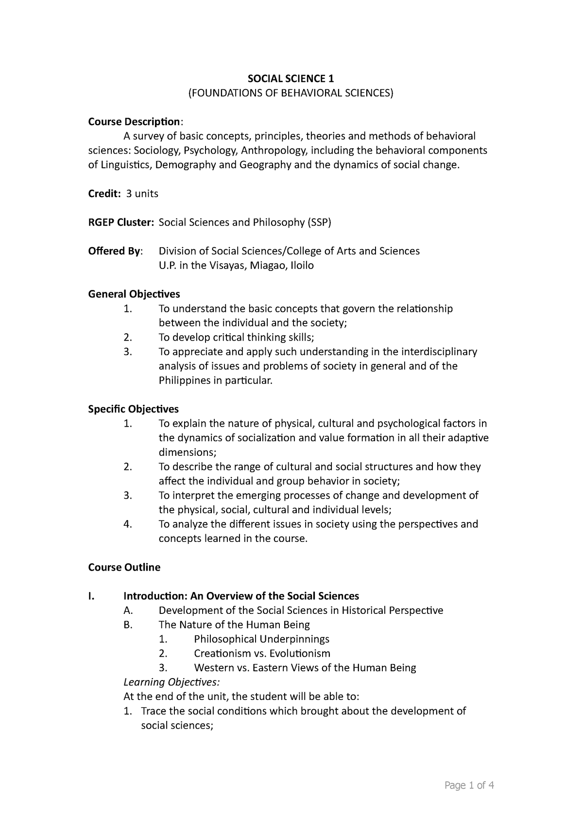 Social Science Course Syllabus - SOCIAL SCIENCE 1 (FOUNDATIONS OF ...