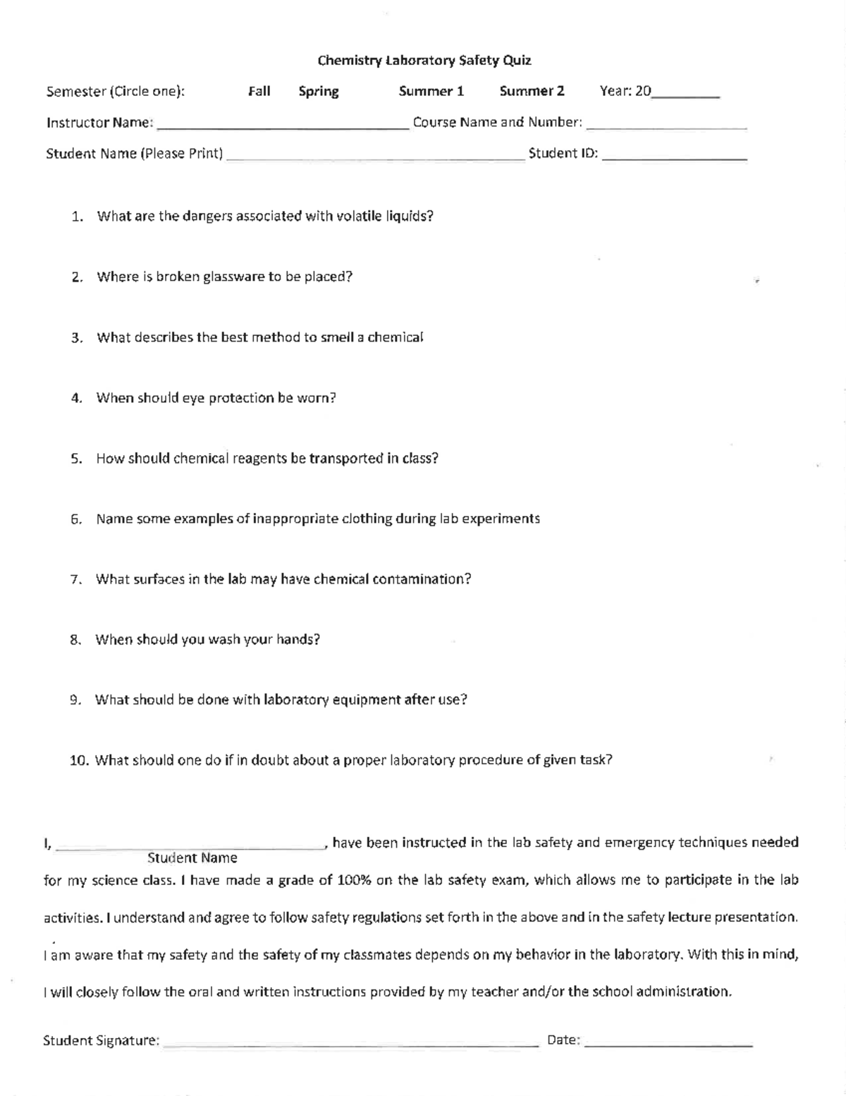 Chem Lab Safety Quiz CHEM1104 Studocu