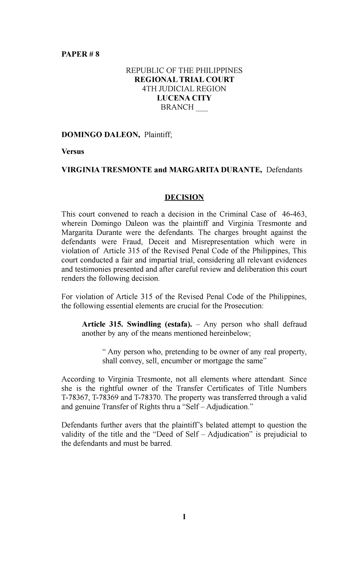 Legal Reasearch & Writing Paper # 8 & 9 - PAPER # 8 REPUBLIC OF THE ...
