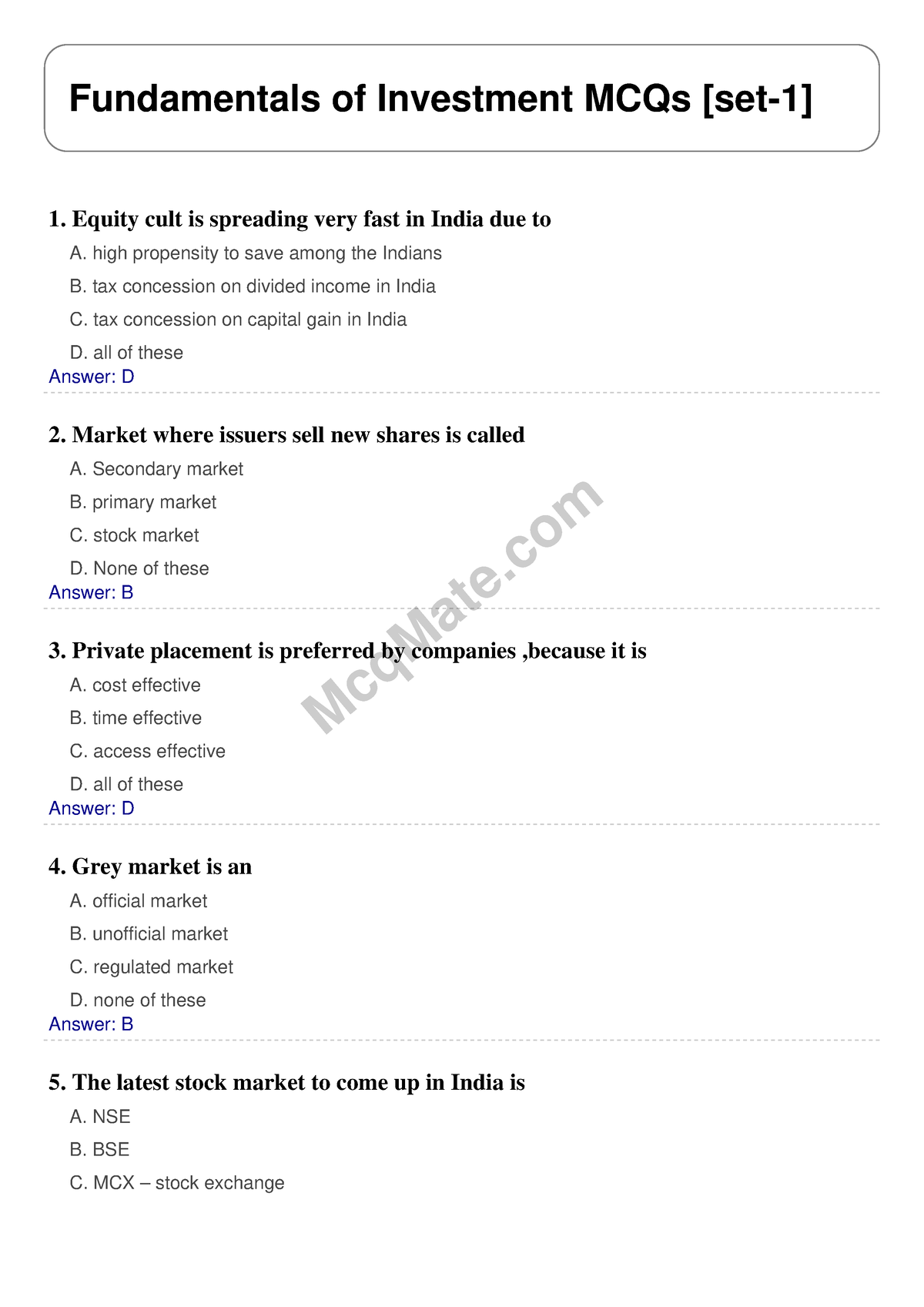 Fundamentals Of Investment Solved MCQs [set-1] Mcq Mate.com - McqMate ...