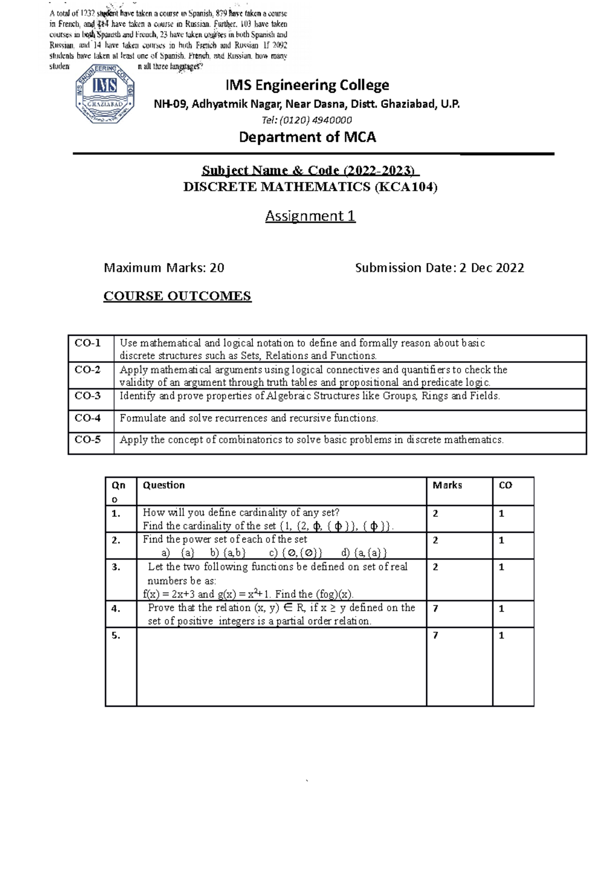 Assigment Kca104 1 Discrete Mathematics Ims Engineering College Nh 09 Adhyatmik Nagar Near