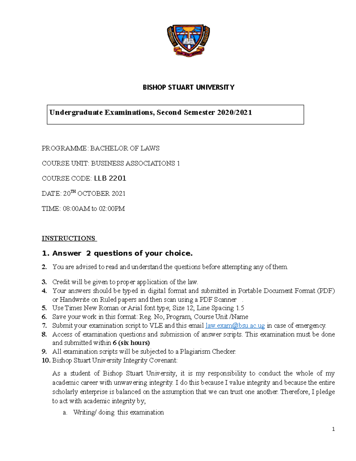 Business Associations 1 exam - BISHOP STUART UNIVERSITY PROGRAMME ...