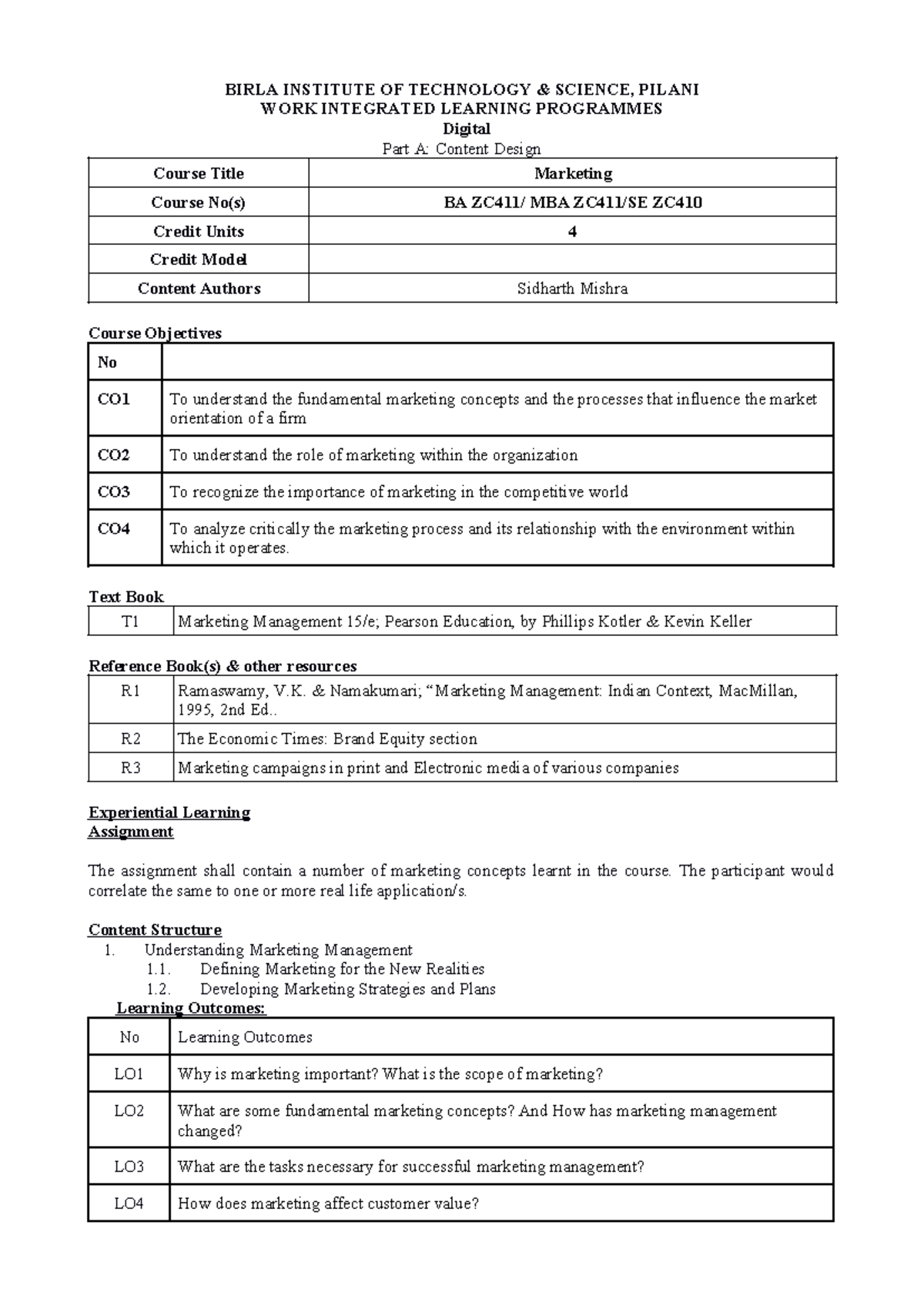 BA ZC411 Course Handout - BIRLA INSTITUTE OF TECHNOLOGY & SCIENCE ...