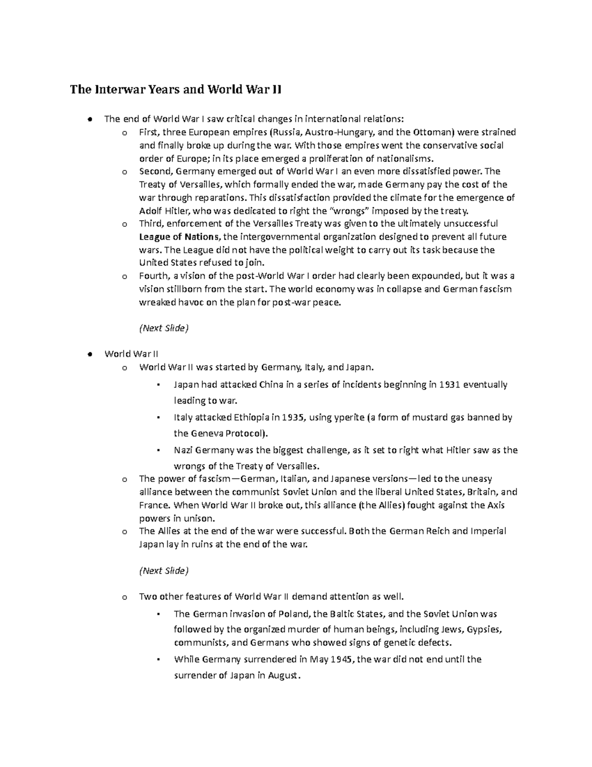 Interwar Years and WWII, Cold War, and Post-Cold War - The Interwar ...