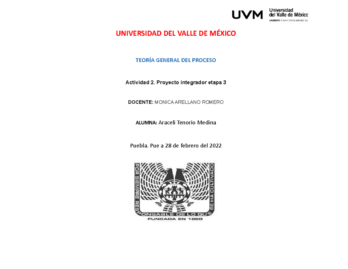 TeorÍa General Del Proceso Actividad 2 Proyecto Integrador Etapa 3