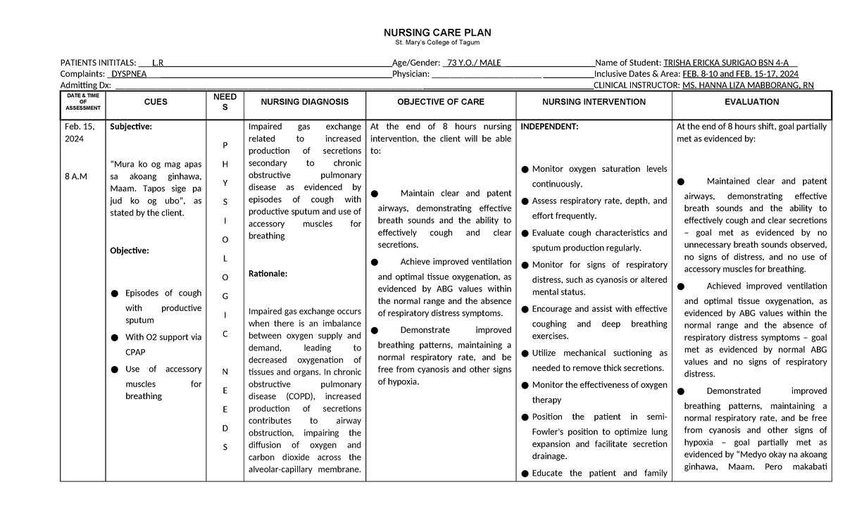 Nursing CARE PLAN ICU - NURSING CARE PLAN St. Mary’s College of Tagum ...