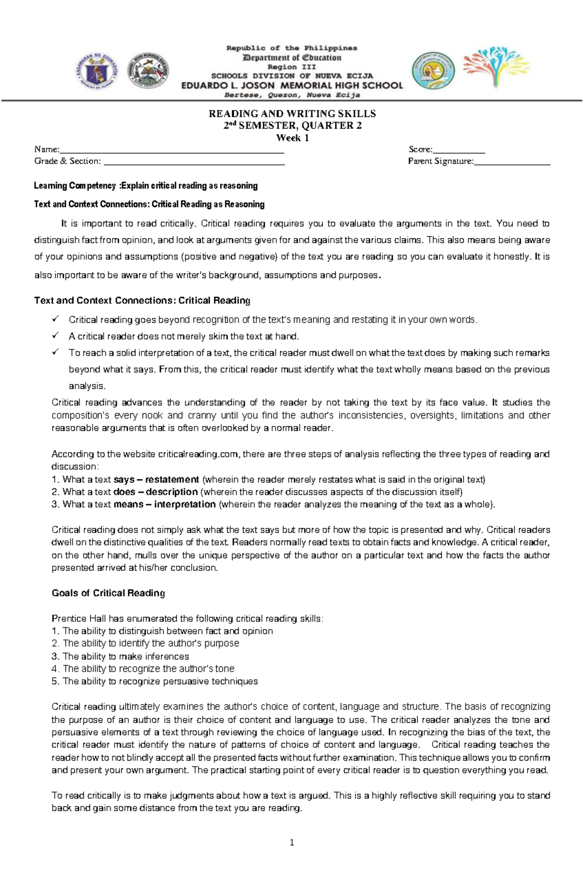 RAWS2ndquarter Reading and Writing Skills_Grade11_2nd Quarter