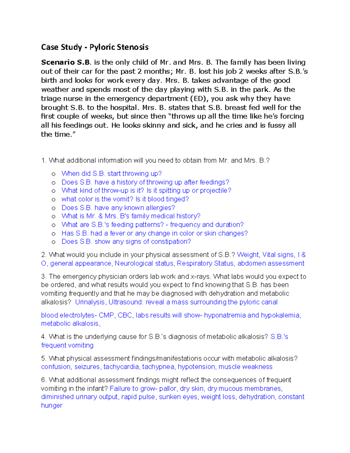 Case Study Pyloric Stenosis Case Study Pyloric Stenosis Scenario S