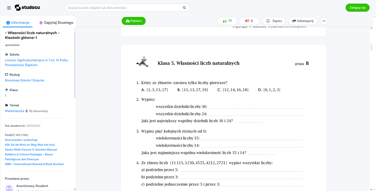 - Własności liczb naturalnych - Klasówki główne-1 - Klasa 5. Własności