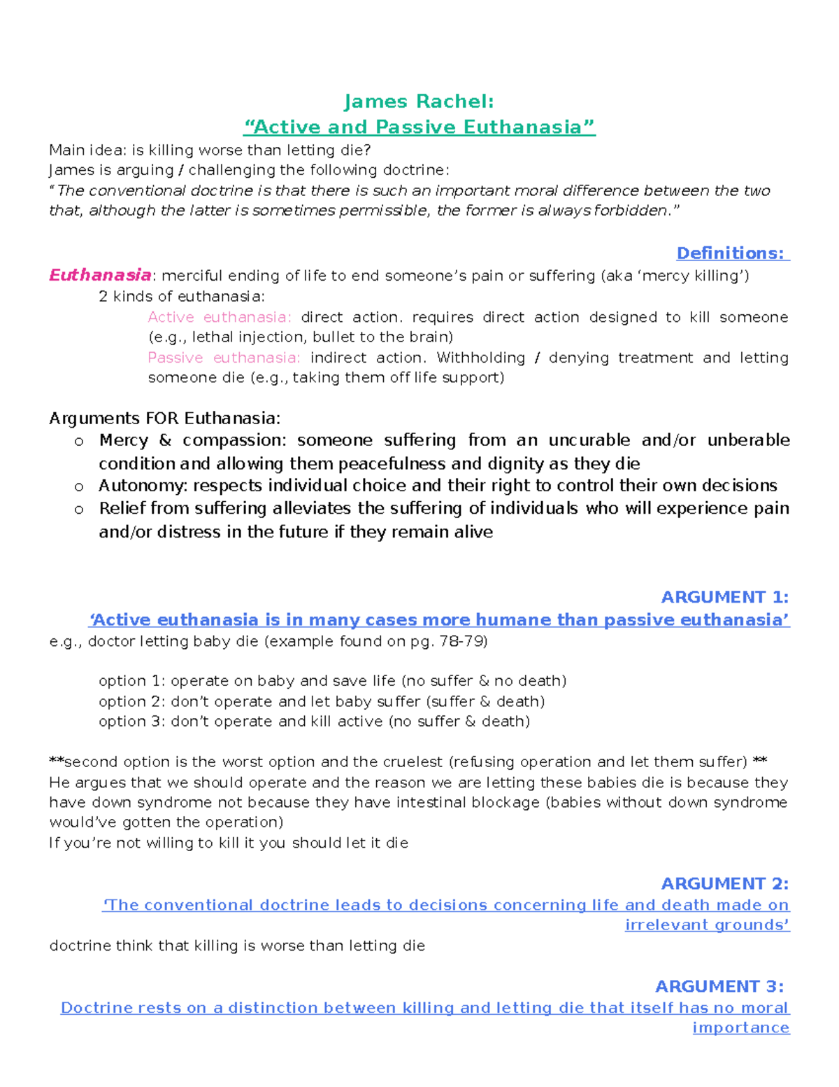 James Rachel - James Rachel: “Active and Passive Euthanasia” Main idea ...
