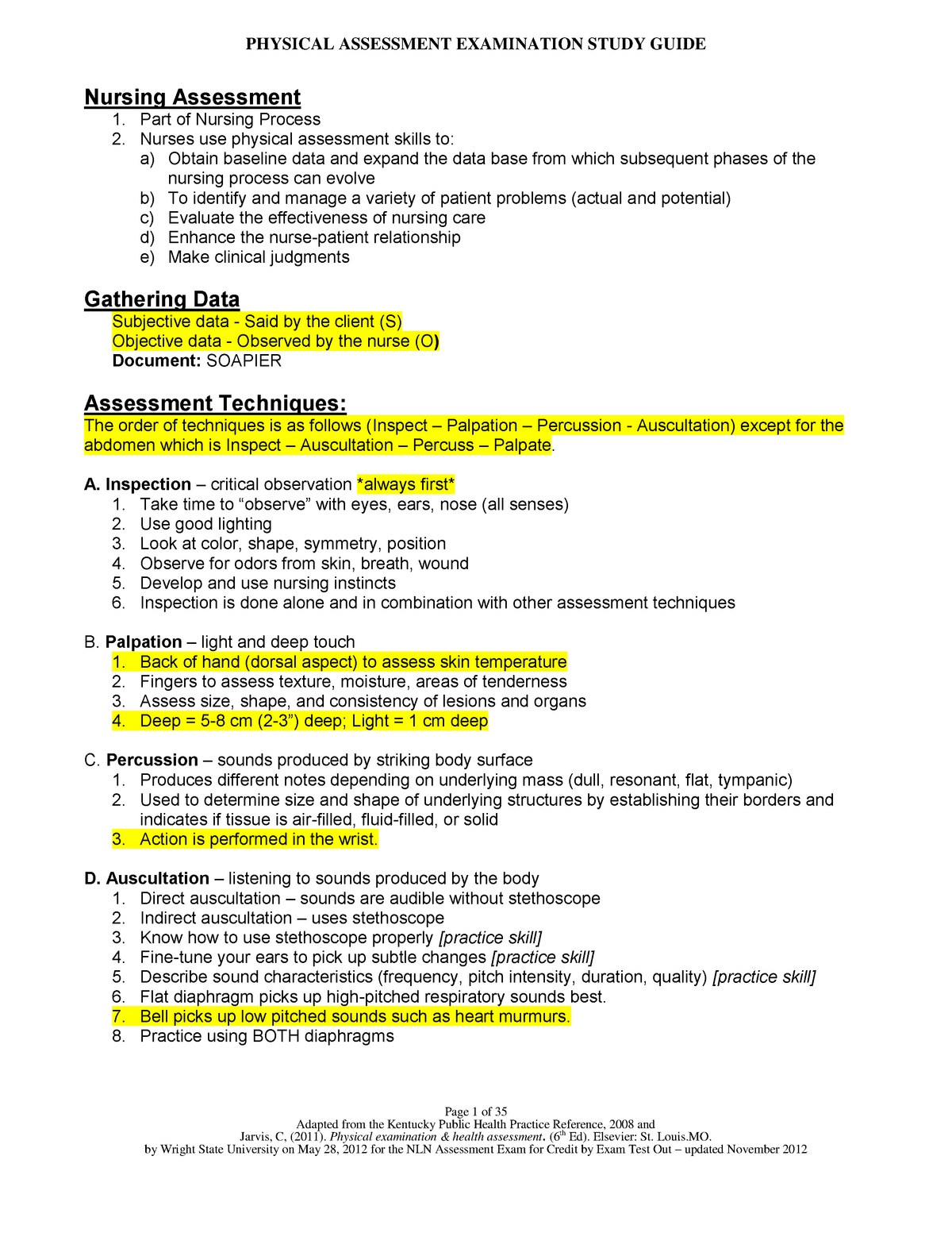 Physical Assessment Exam Study Guide Physical Assessment Examination