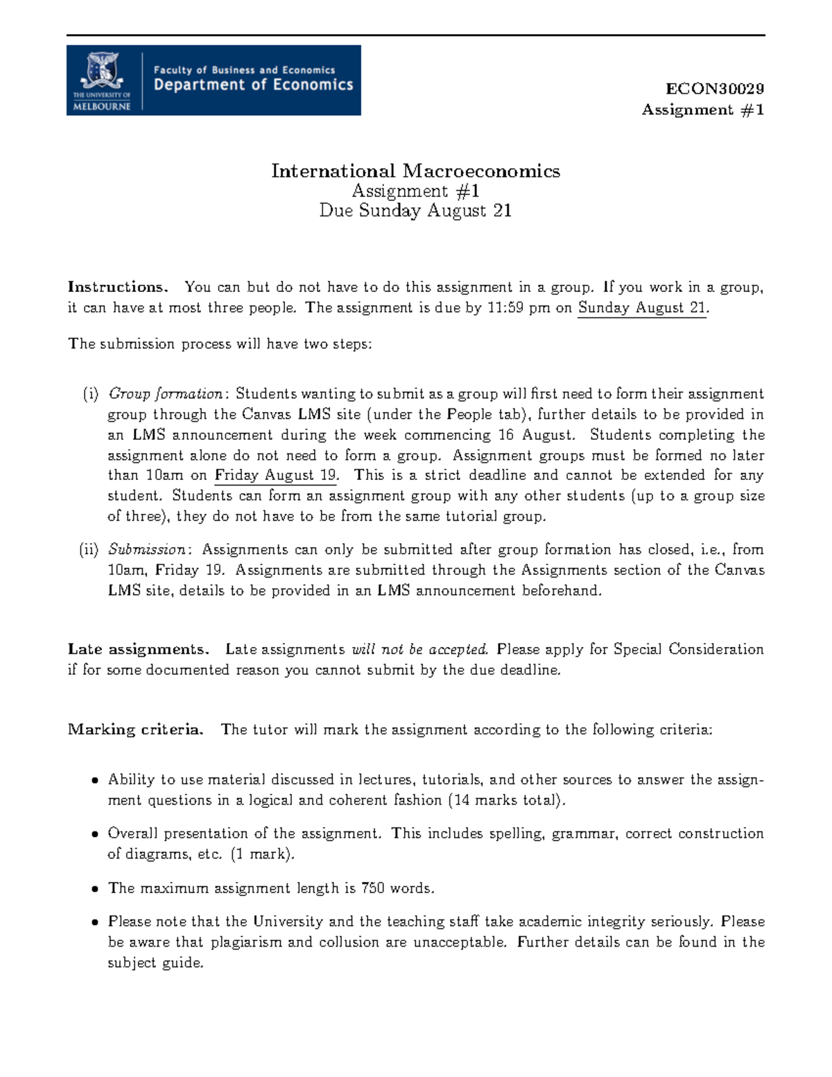 Assignment 1 question - ECON Assignment # International Macroeconomics ...