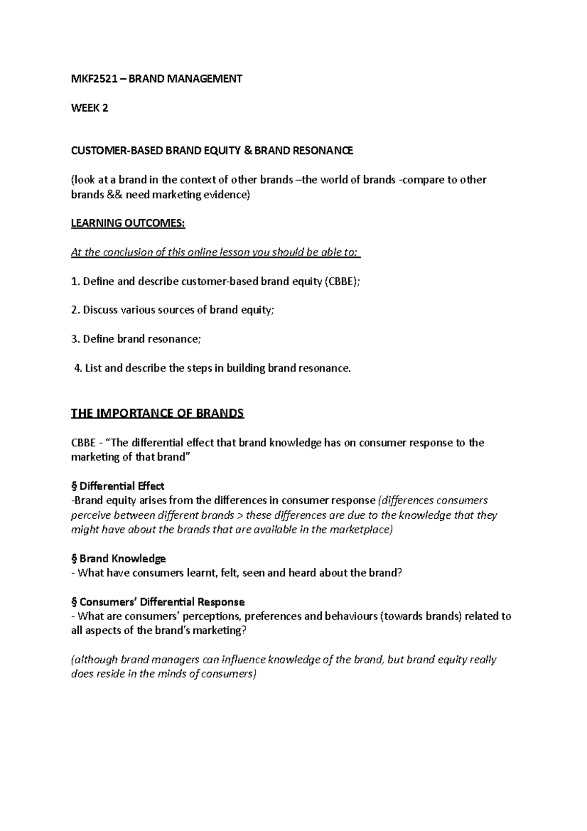 WK2 CBBE & brand resonance - MKF2521 – BRAND MANAGEMENT WEEK 2 CUSTOMER ...