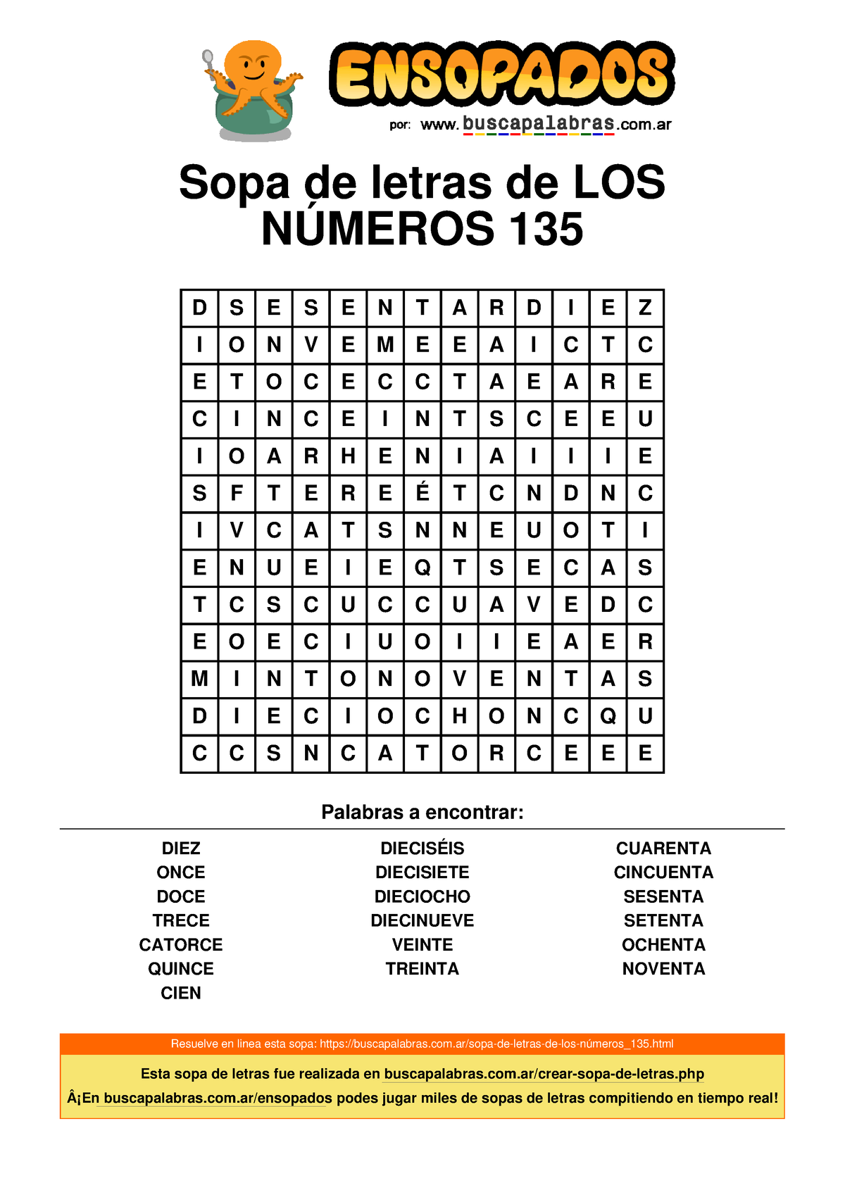 Sopa De Letras De Los Números Sopa De Letras De Los NÚmeros 135 D S E S E N T A R D I E Z I O